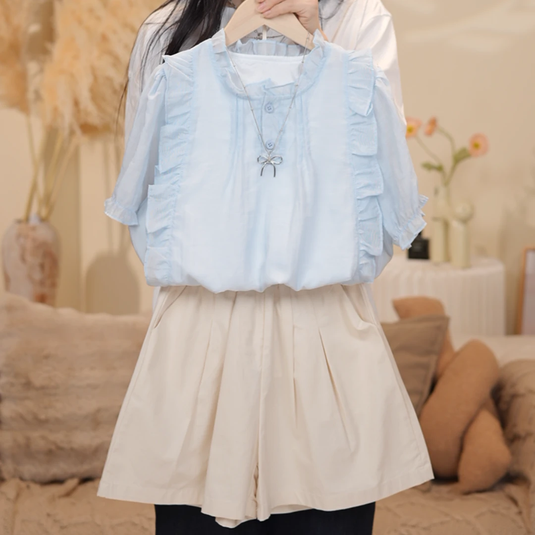 女大童夏装套装薄款青少年初高中生娃娃衫上衣休闲短裤宽松两件套