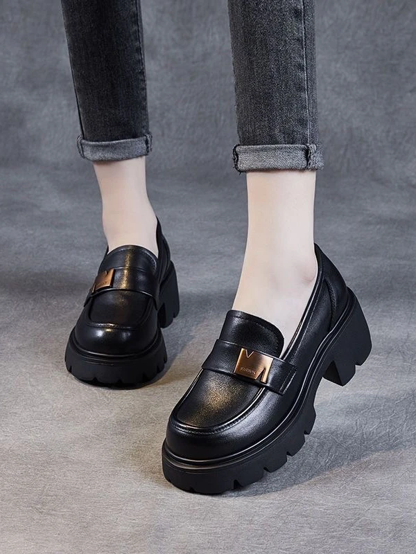 厚底乐福鞋女2025新款软皮增高英伦风小皮鞋女轻便百搭软底