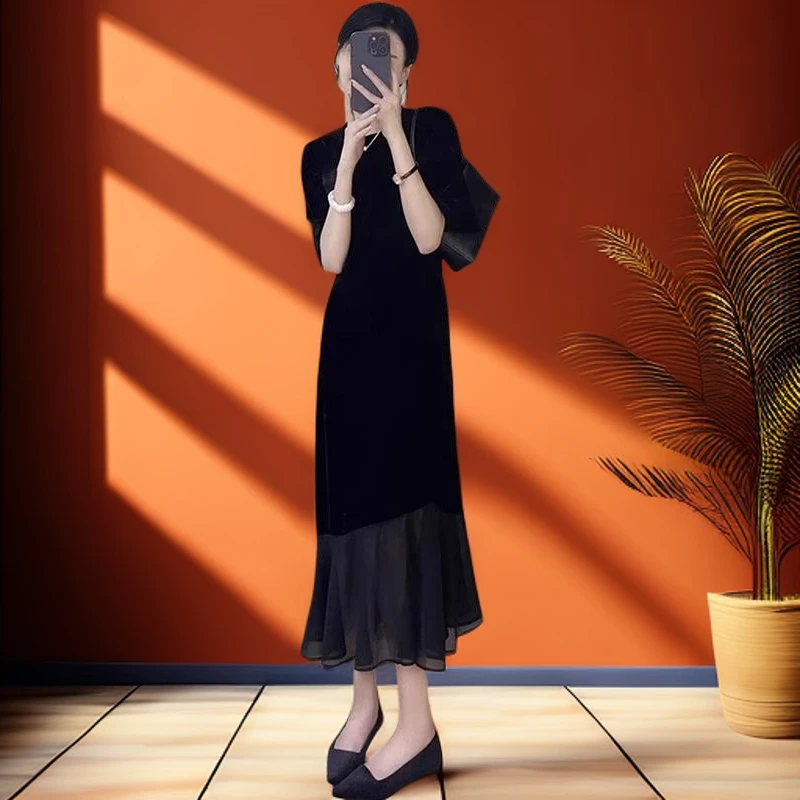 夏季法式高级感长袖小黑裙显瘦网纱连衣裙女温柔系长裙拼接气质