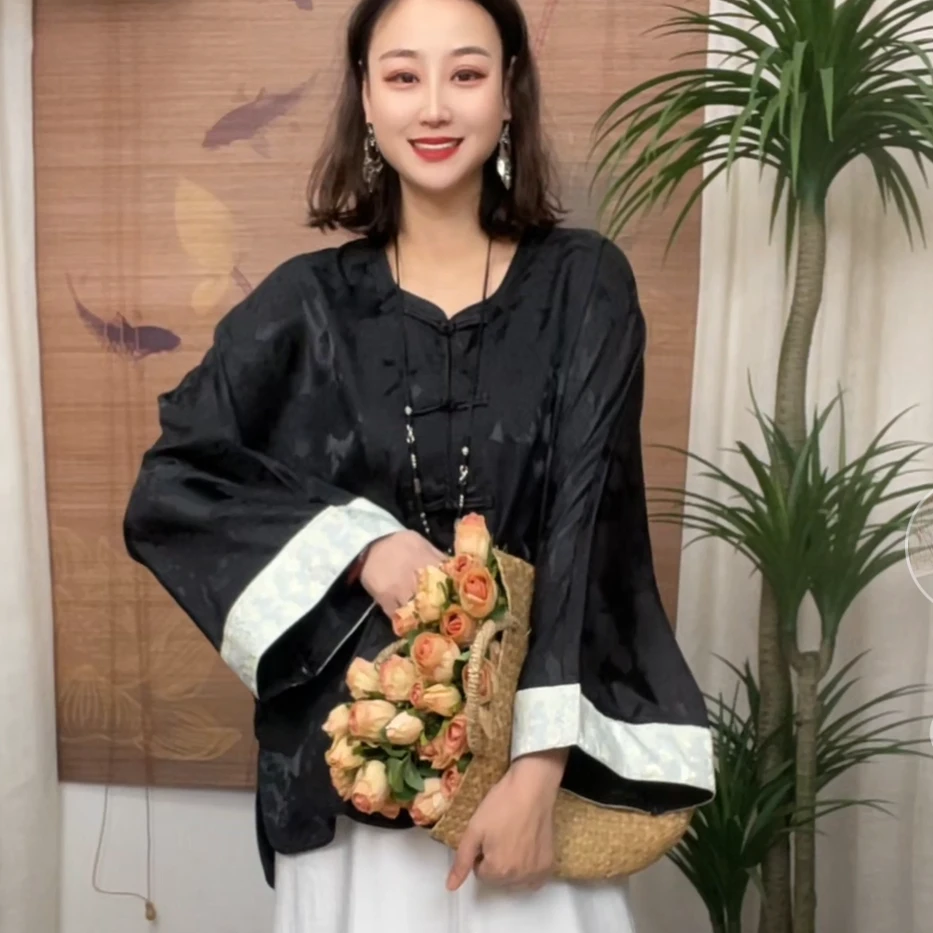 425-2新品提花大袖中长版显瘦复古新中式百搭气质网红文艺风开衫