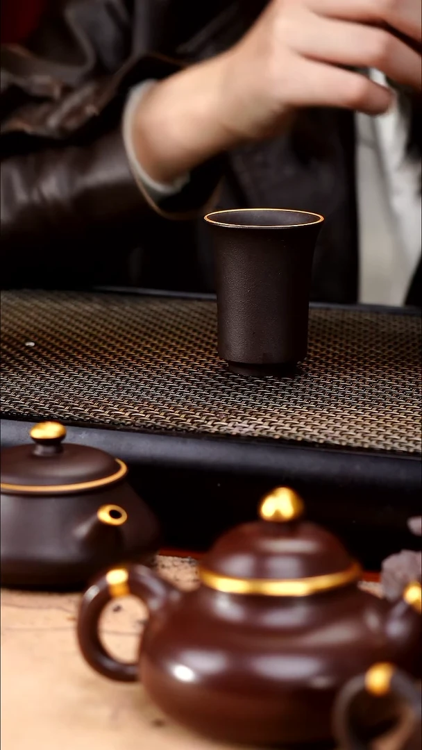 茶壶紫砂四号井茄皮紫泥描金闻香杯