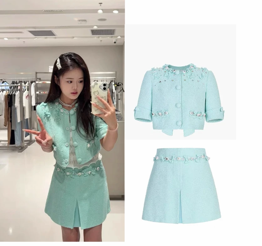 姐魅定制 《LFM绿叶仙蝶》背后大蝴蝶结减龄绿色小香风套装