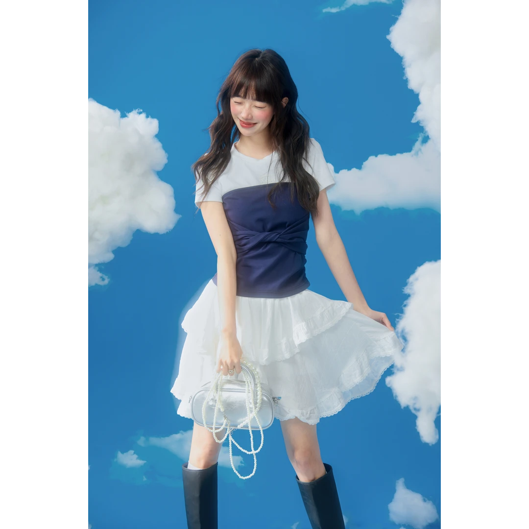 DUBZZY【甜白利】原创设计感小众撞色绑带短袖T恤上衣女T144S24Z