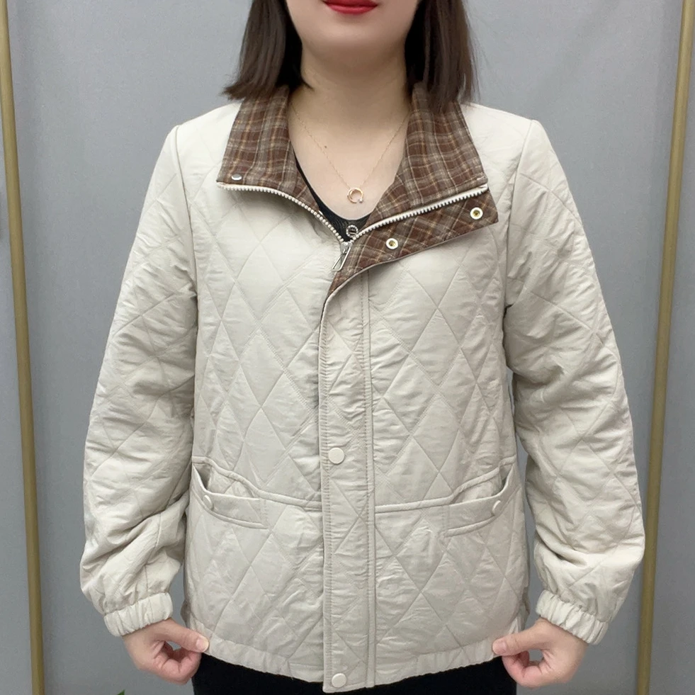 纯色休闲风格纹棒球服妈妈装春秋款保暖加厚时尚菱形百搭宽松外套