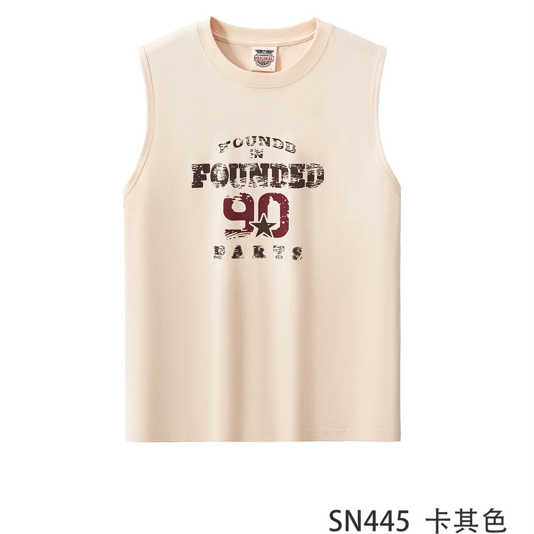 【220克索罗纳平纹棉】男士圆领吸汗透气复古字母印花坎肩背心SN445