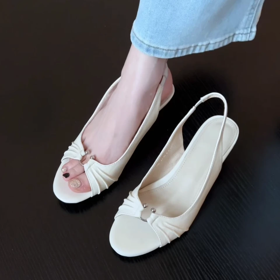 Pokoy-4cm法式复古方头一字带凉拖鞋新款百搭露趾凉鞋