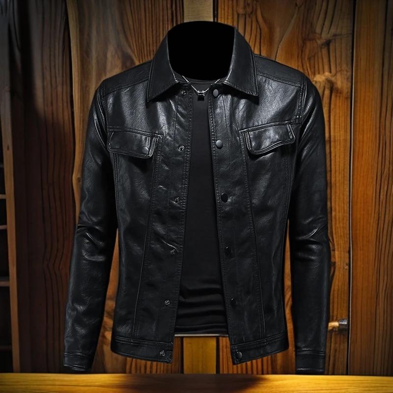 维斯克纳薄款翻领夹克男多口袋修身百搭皮衣男上衣潮流百搭外套