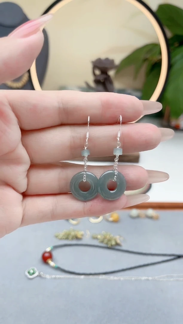 翡翠银S925镶嵌耳饰00平安扣翡翠