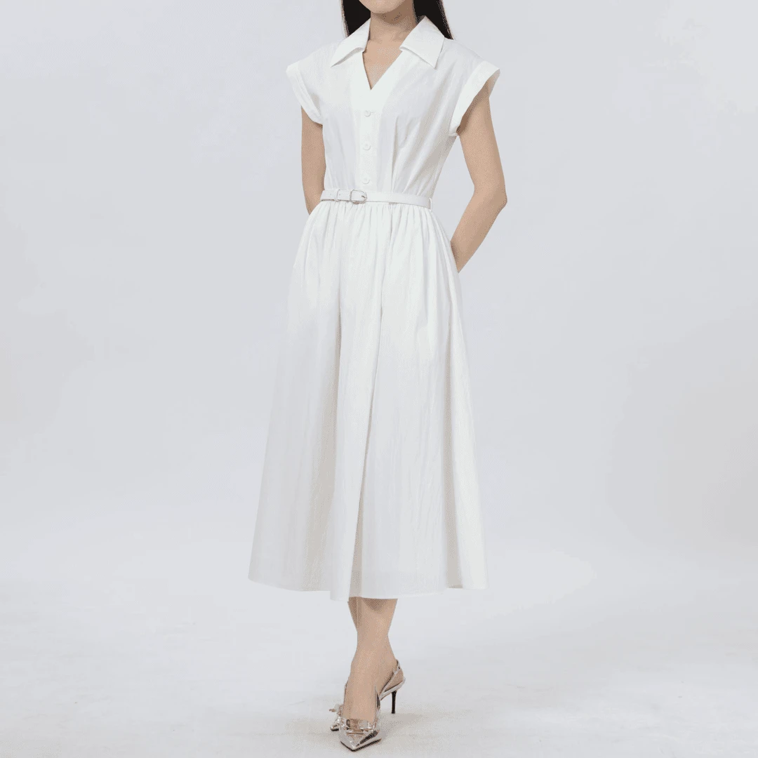 GIRDEAR/哥弟女装时尚百搭简约高级小盖袖初恋式系腰连衣裙150003