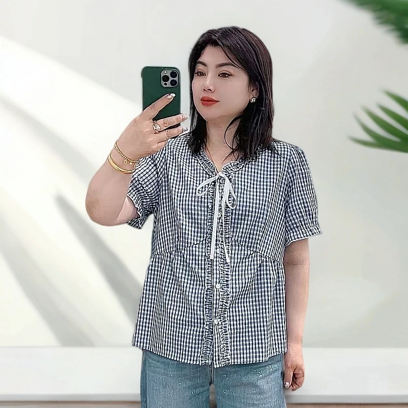 夏季款2273休闲V领格格衬衣