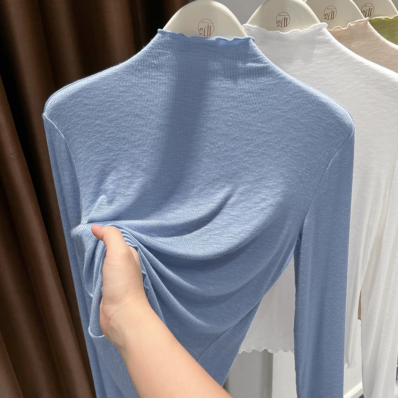 软糯针织木耳边长袖打底衫女新款半高领内搭可外穿小个子修身上衣