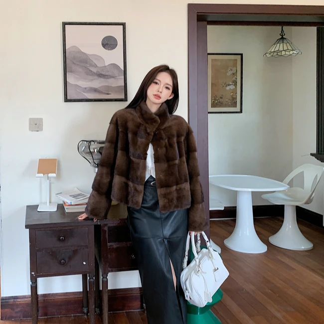 小老板进口天鹅绒紫金短二水貂横排貂毛皮草外套女2461