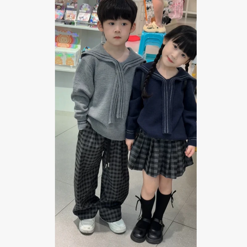 【兄妹款】儿童秋装撞色休闲百搭款针织海军领套头毛衣套装时尚亲肤