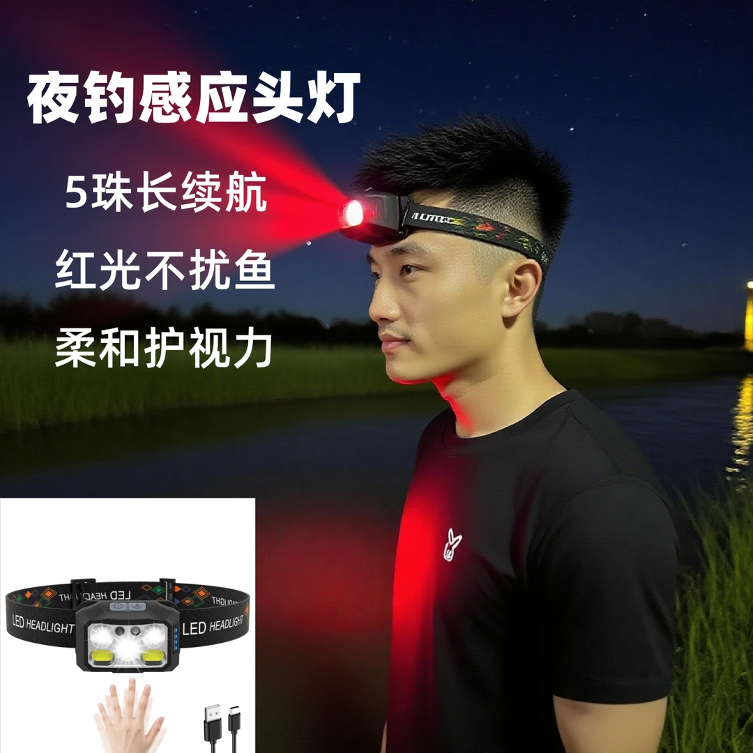智能感应头灯LED强光远射迷你便携头戴式手电筒夜跑户外夜钓鱼灯