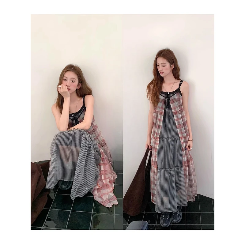 soolrok 松未韵一 韩系层次感格纹吊带连衣裙女小众垂感显瘦长裙