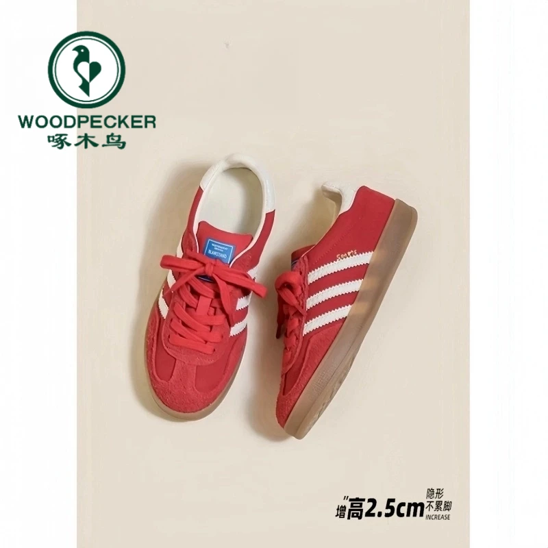 啄木鸟复古红色德训鞋女2025年新款内增高休闲板鞋运动厚底阿甘鞋
