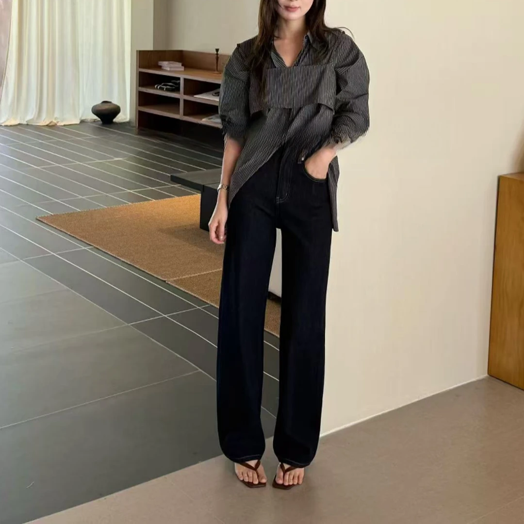 【香姐推荐】【67780】秋季时尚爆款窄版阔腿牛仔裤不易掉色设计款