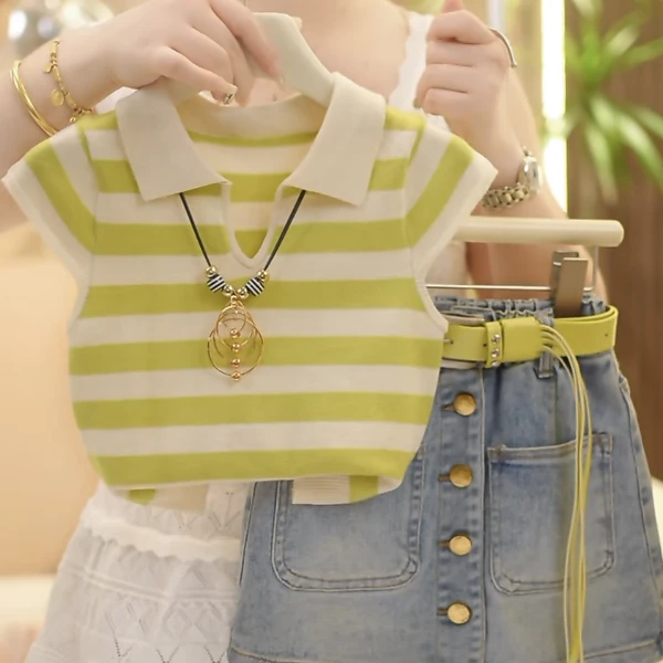 【米小洛】2025新款女童夏季洋气百搭冰丝凉感T恤牛仔裙裤套装-双色