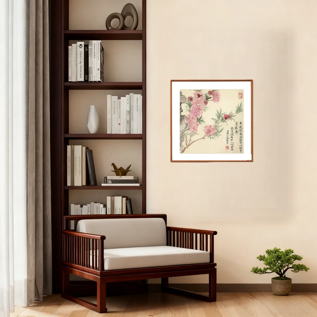 《斗方-桃花图》 客厅起居室卧室茶室玄关榫卯高清微喷装饰画