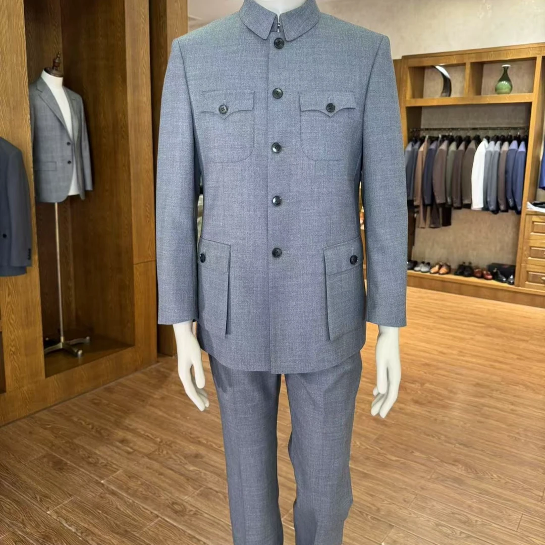 柏昊森复古国风老款羊毛浅灰色中山装冬季中老年立领中式中山服