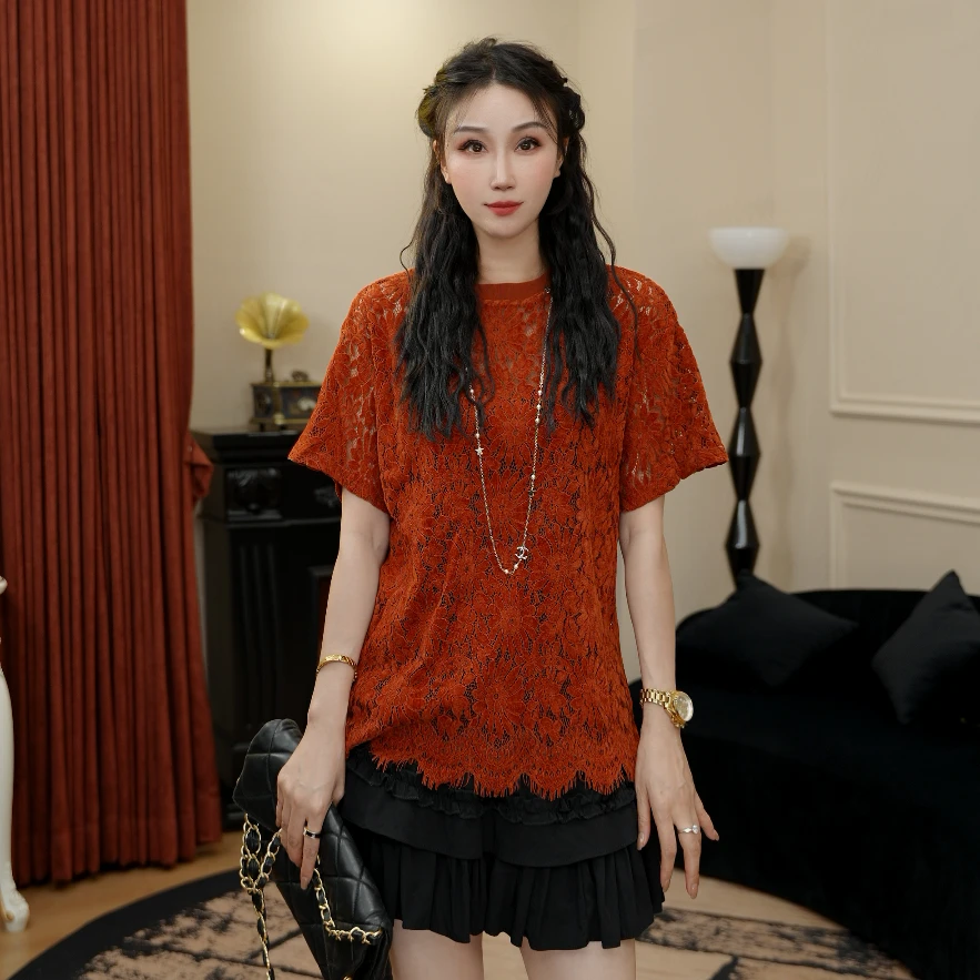 JR·雪姐·暖茶语-91021早秋新款短袖蕾丝植绒显瘦衬衫