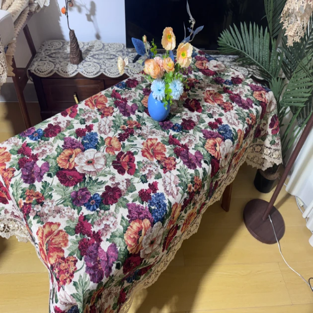 ZN102-8棉麻交织布【130*180】米白色百花齐放水溶边桌布茶几布