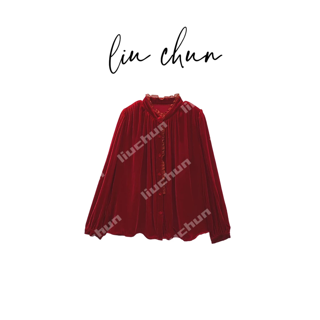 《CHUN》压褶蕾丝边桑蚕丝丝绒上衣