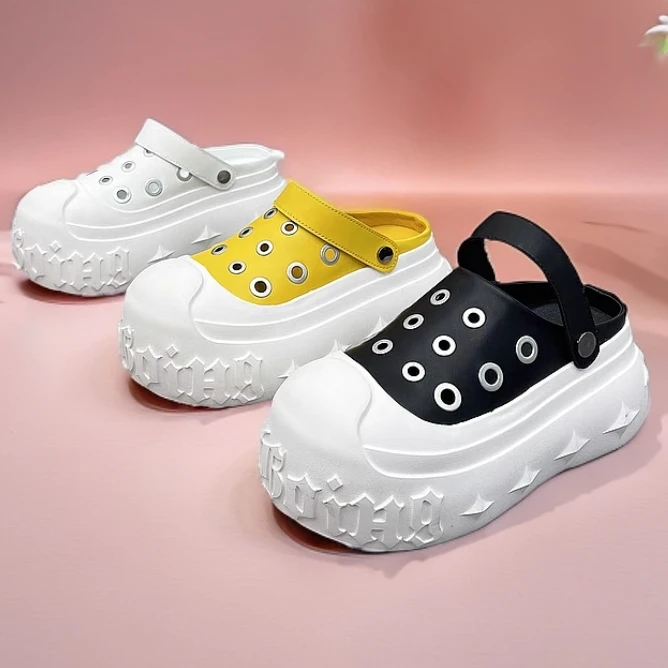 欧货大头贝壳头溶解鞋厚底松糕小个子7cm心机半拖鞋洞洞鞋托女鞋