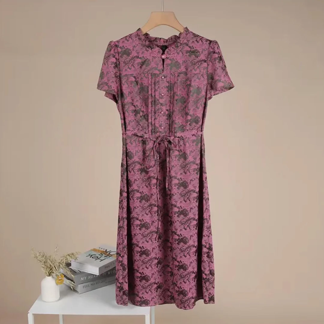 M222万优雅国风女装长款裙子连衣裙紫色印花气质新中式夏季中提花