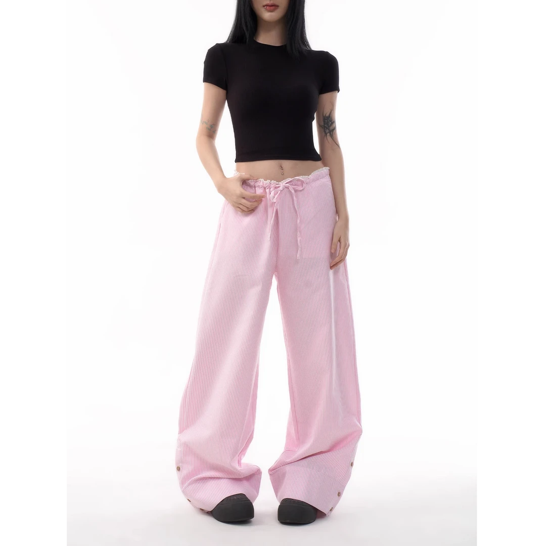 粉色多巴胺条纹阔腿裤2025夏季新款抽绳蕾丝拼接低腰垂感休闲裤子