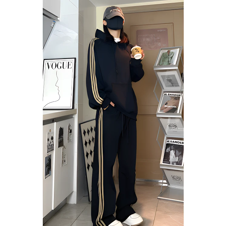 潮牌三条杠连帽卫衣休闲运动套装男女同款秋冬条纹宽松帽衫直筒裤