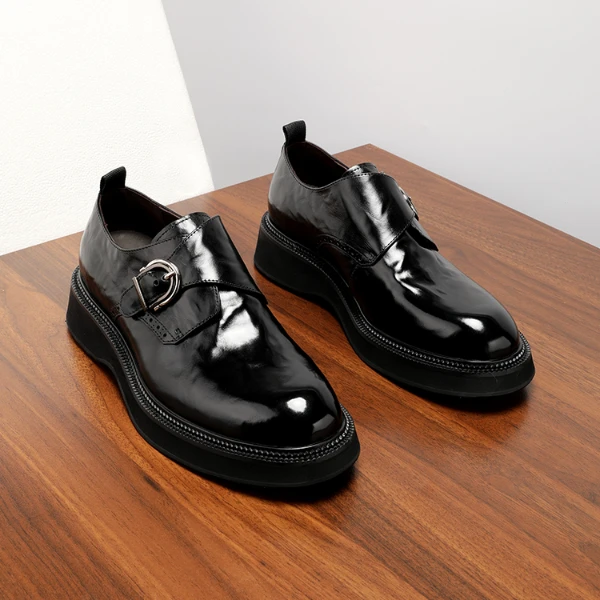 秋季新款胎牛皮厚底增高皮鞋商务休闲真皮孟克鞋男软皮搭扣男鞋子