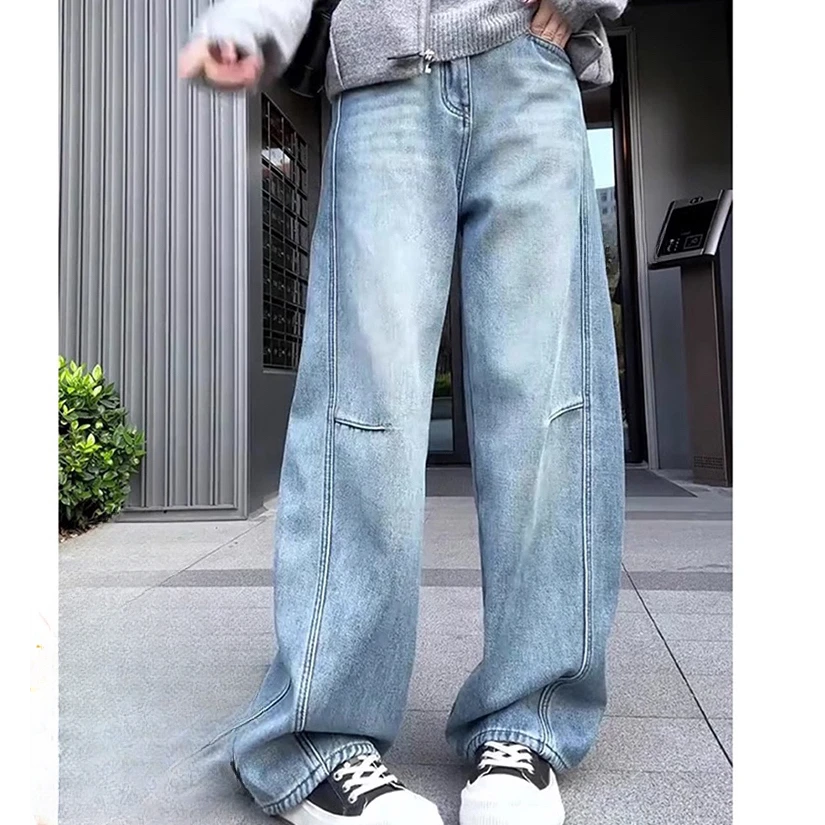 2025年春季新款加绒加厚弯刀牛仔裤女大码梨型身材宽松显瘦阔腿裤