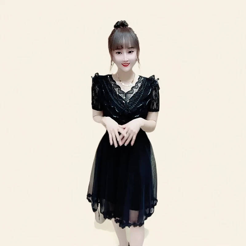 法式夏季新款美背蕾丝拼接连衣裙小众高级感网纱裙摆时尚A字裙潮
