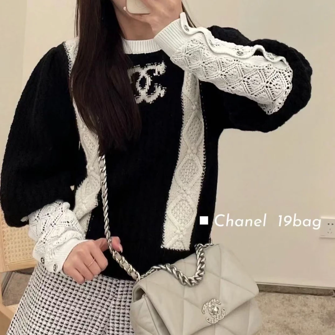 99新 Chanel/香奈儿 21A城堡系列泡泡袖黑白针织毛衣40码