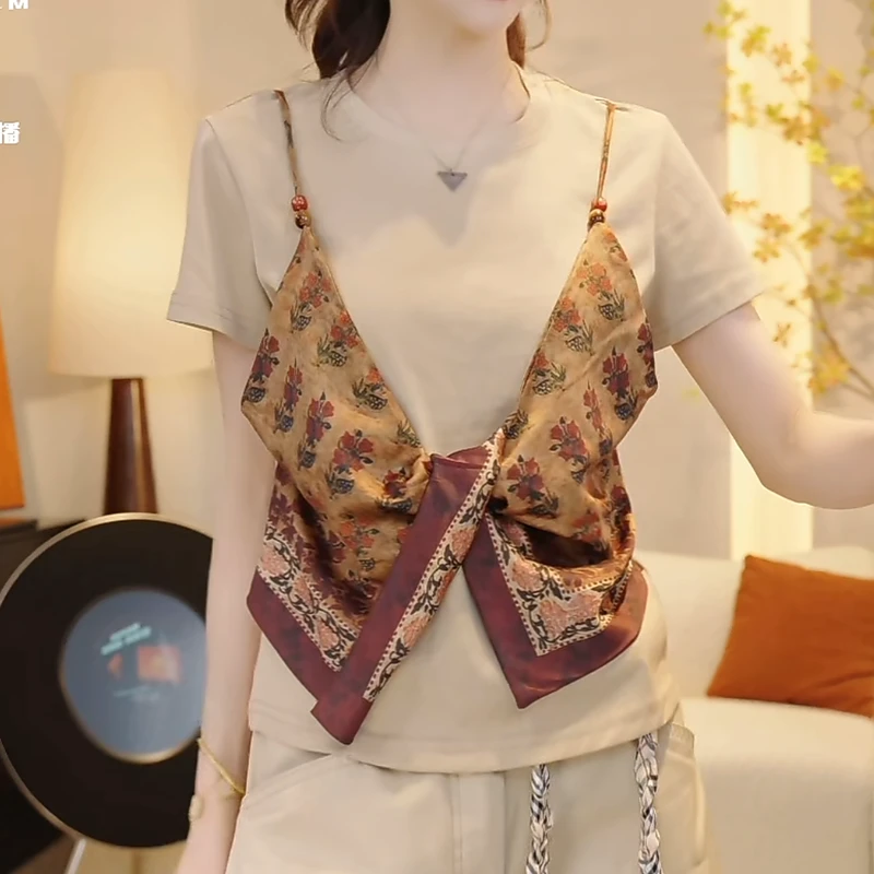 【柏拉图之恋】2025夏季新款高级感假两件拼接短袖T恤洋气上衣女