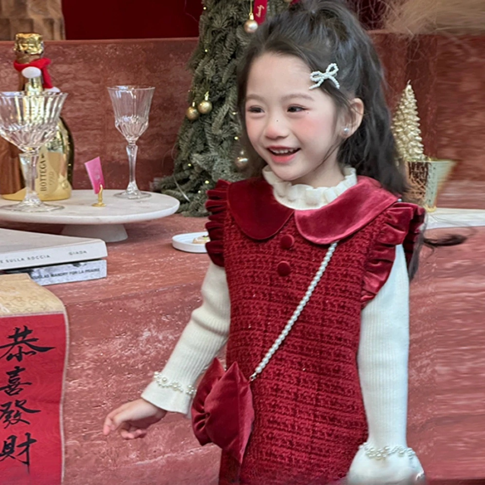 女童新年红色连衣裙2025冬新款女宝宝洋气拜年服小香风公主背心裙