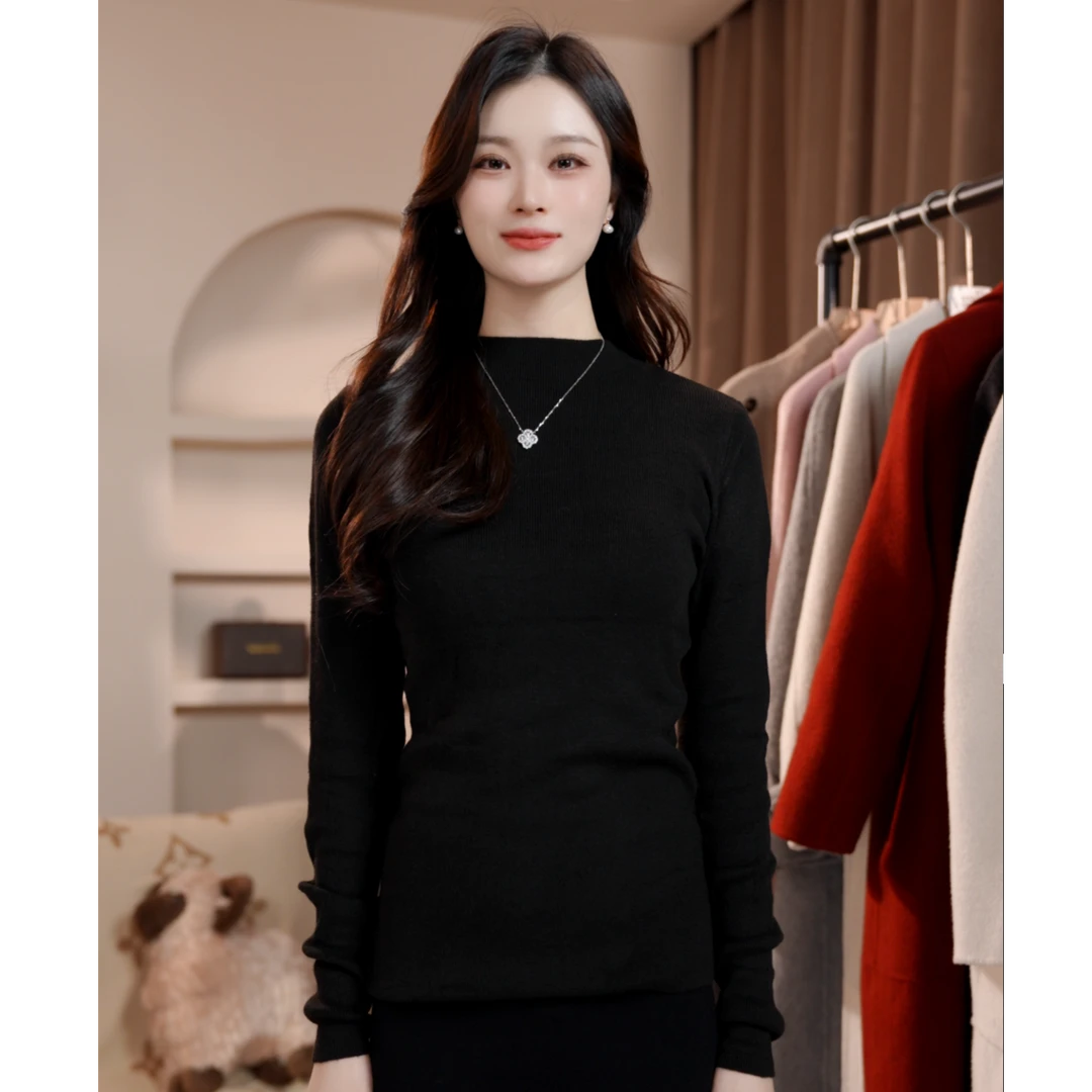 新款半高领羊毛打底衫女士保暖上衣长袖