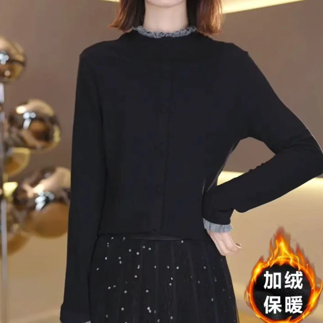 冬季新款加绒保暖打底衫女气质设计感轻盈长袖T恤木耳领新年款