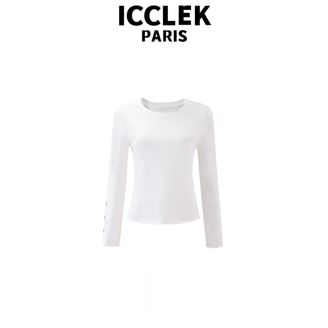 ICCLEK 时尚轻奢白色圆领金扣长袖针织名媛气质百搭秋冬上衣-9236