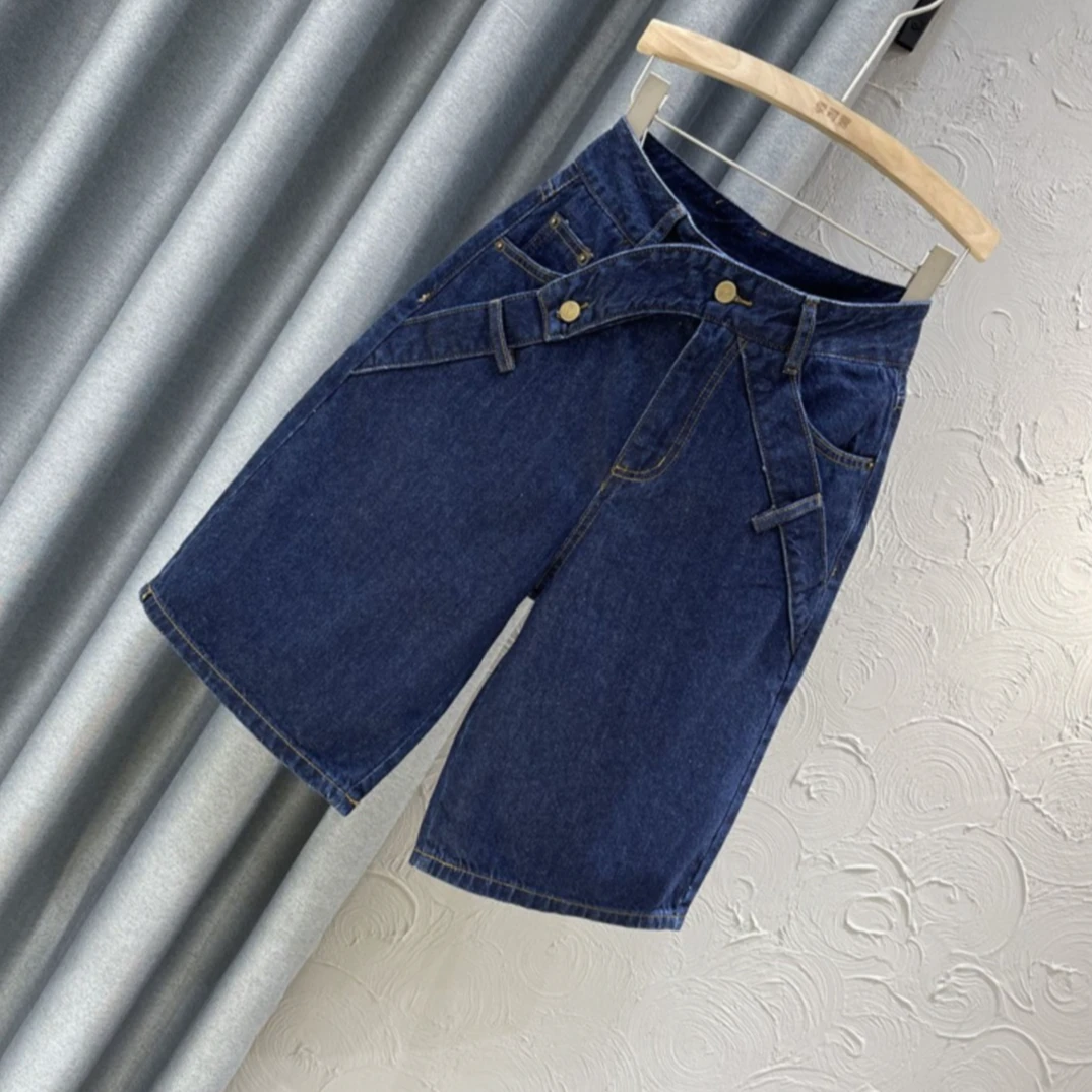 2025年新款夏季深蓝色牛仔裤女设计感高腰直筒显瘦宽松五分阔腿裤