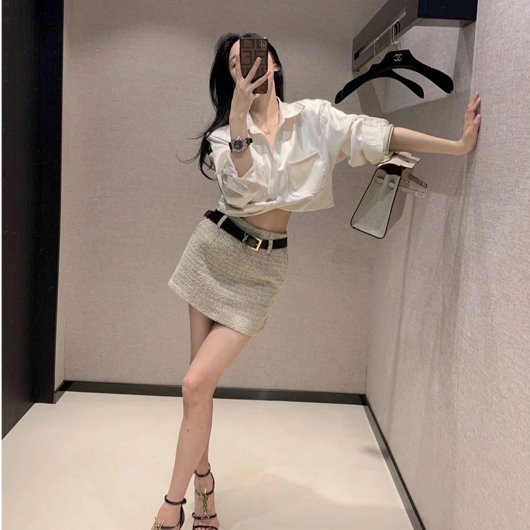 性感宽松外穿衬衫长袖上衣辣妹半身裙法式洋气显瘦百搭时尚两件套