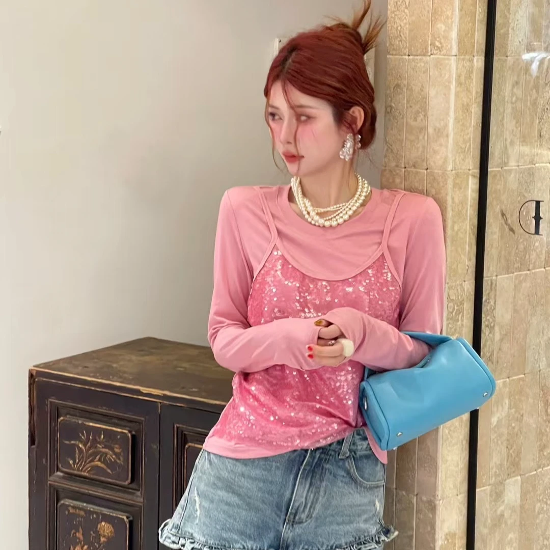 29-79长袖不起球拼接修身型针织T恤网红夏季时尚圆领百搭春季ins