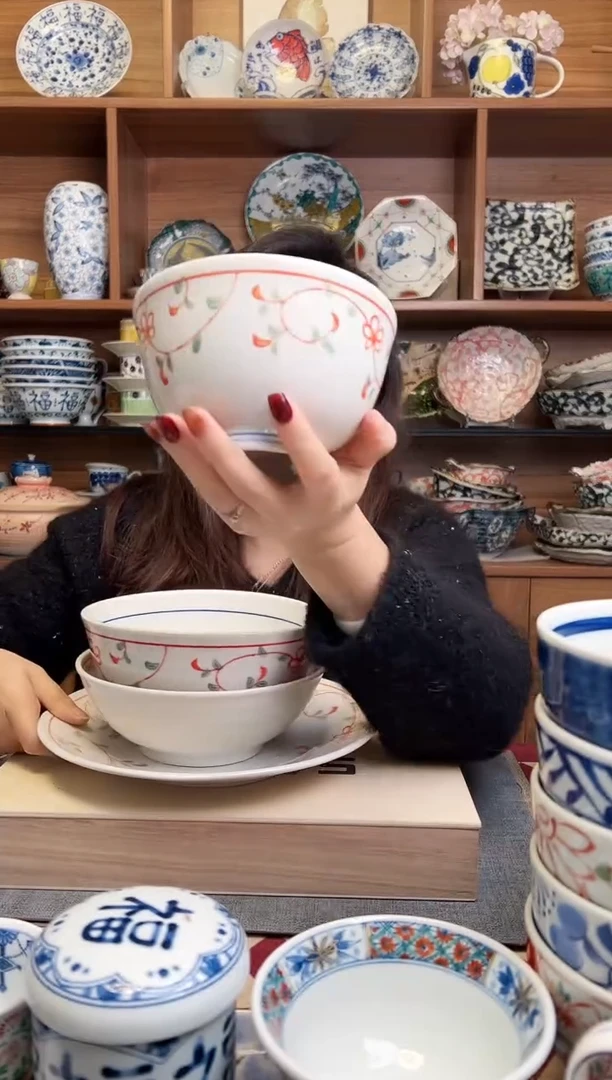 花赤绘12.8cm井型饭碗