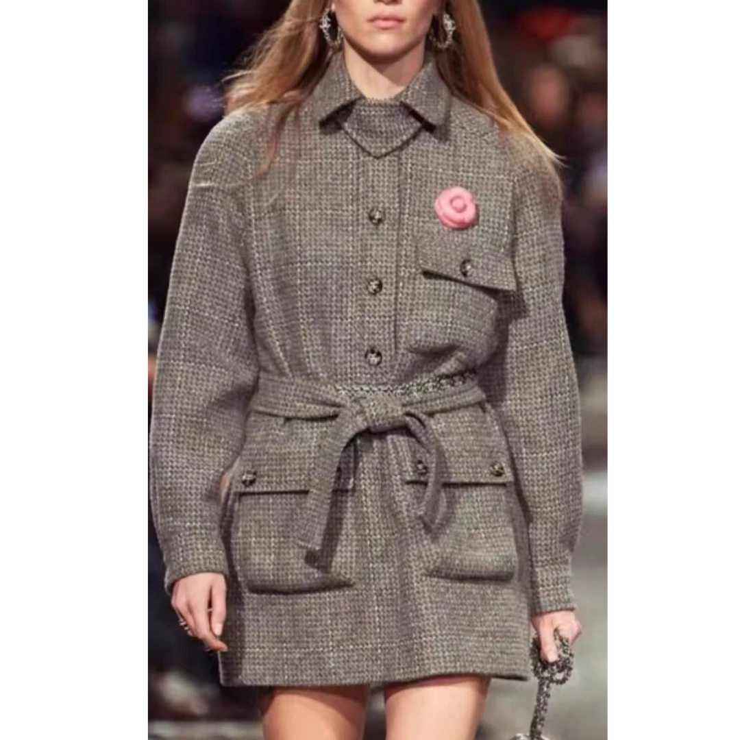 香香羊毛混纺立体千鸟格纹灰色粗花呢外套中长款百搭秋冬