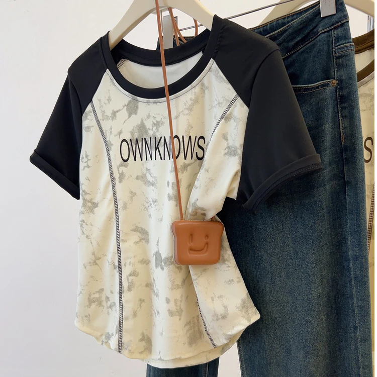大码夏季字母印花扎染正肩短袖T恤胖妹妹美式复古撞色半袖上衣女