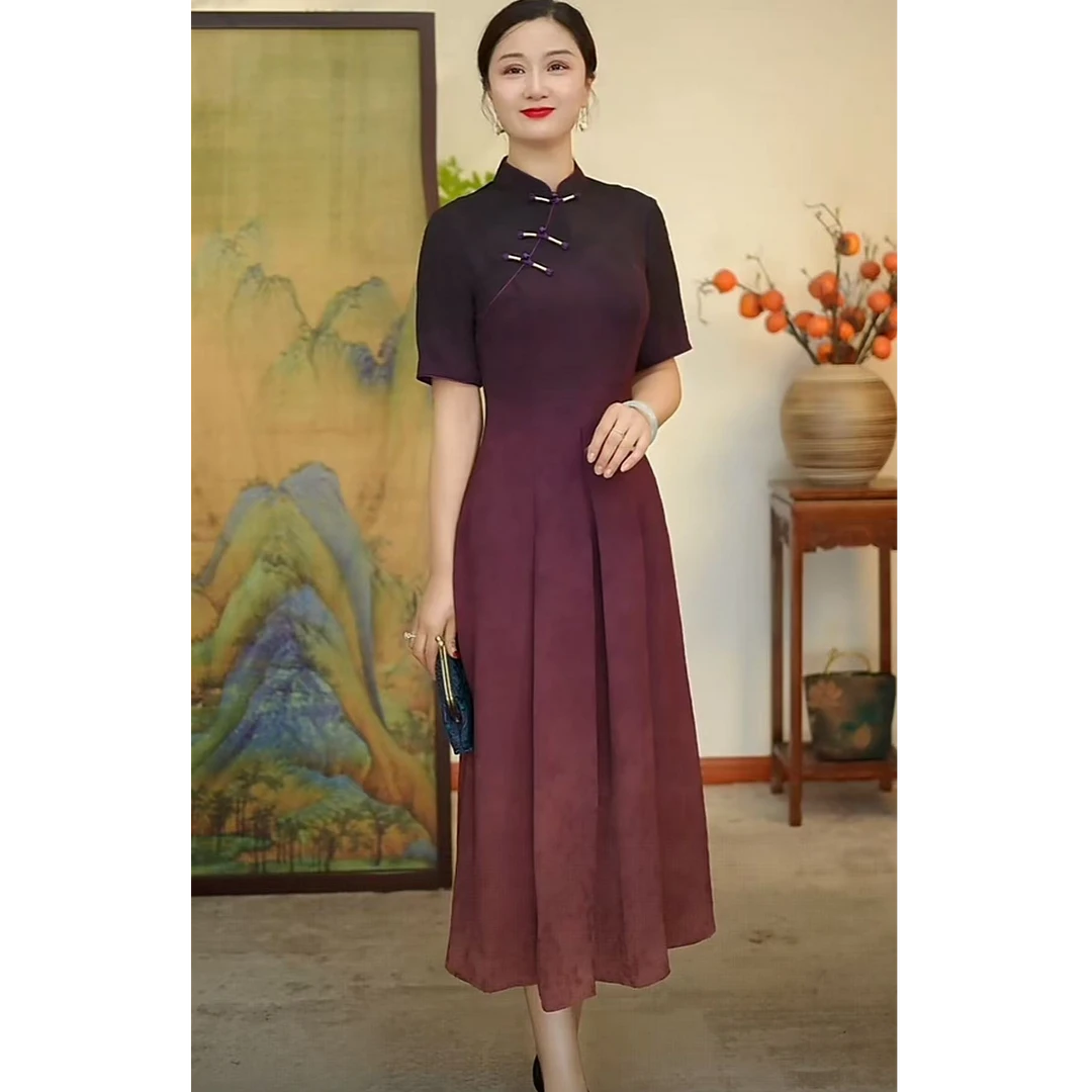 瓷萱【流萤】夏季改良旗袍高腰渐变色立领修身国风旗袍裙复古显瘦