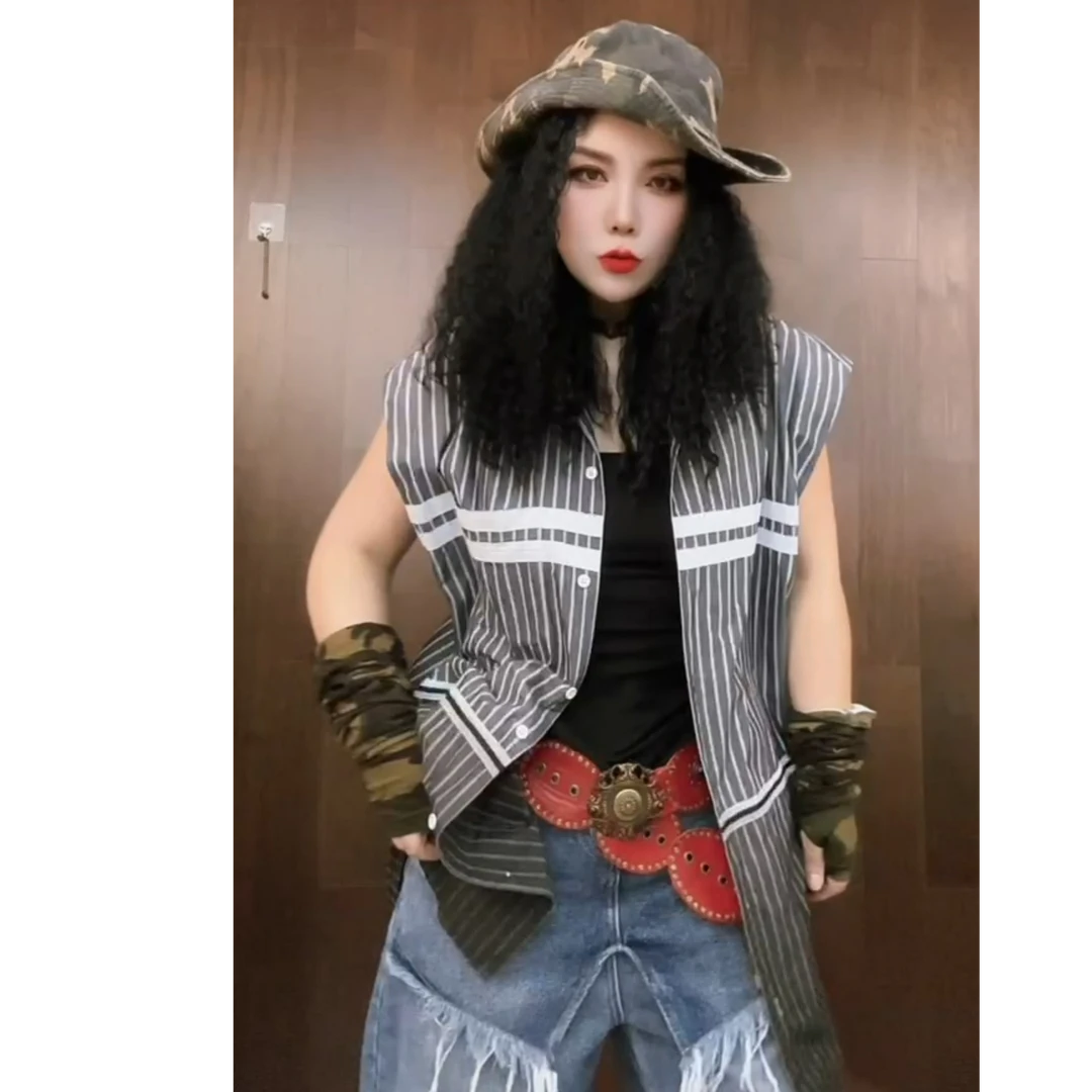 早春款条纹无袖背心衬衫上衣