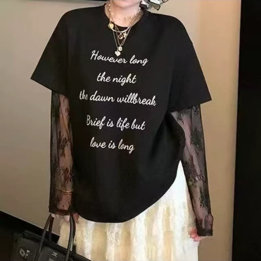 时尚百搭字母假两件蕾丝拼接长袖T恤