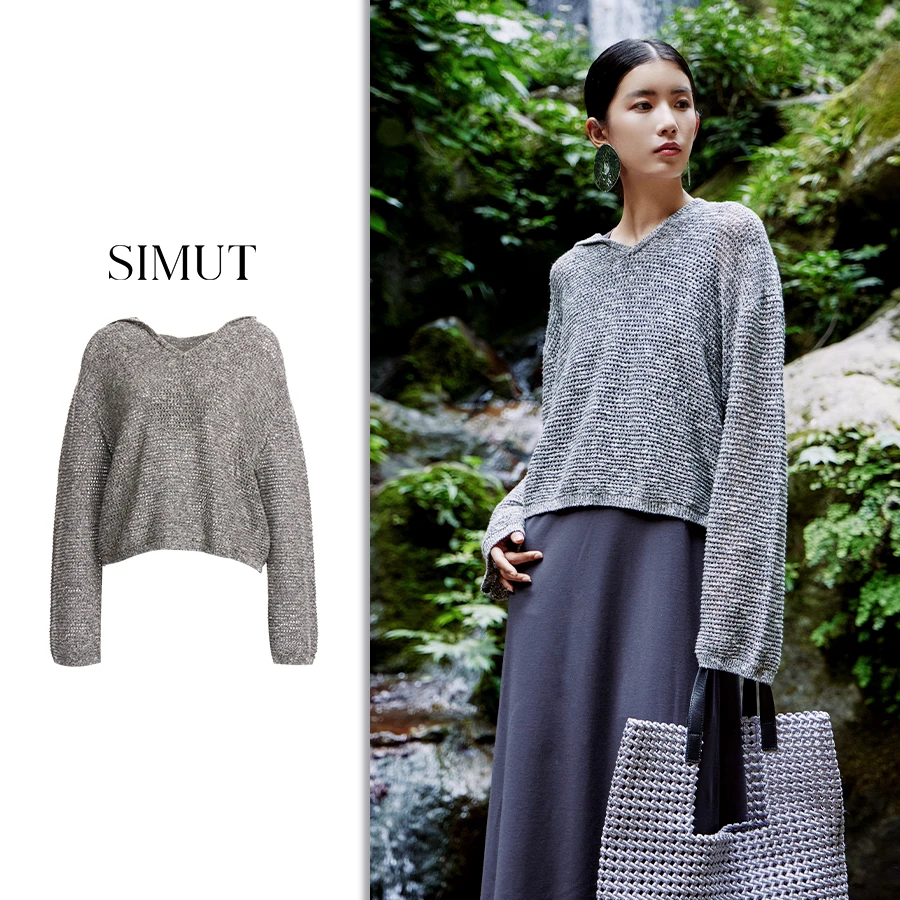 SIMUT思慕缇春夏灰色宽松镂空带帽针织上衣SM375512